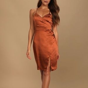 NWT Lulu’s Hot Night Out Bronze Satin Surplice Faux-Wrap Dress